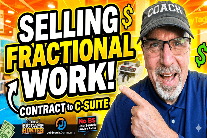 Thumbnail: man in a blue shirt and coach cap points at bold yellow text, 'SELLING FRACTIONAL WORK!' with dollar signs and logos in a bright background, signaling a video about selling fractional consulting.