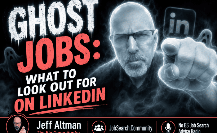 Video thumbnail promoting 'Ghost Jobs: What to Look Out for on LinkedIn' with a man pointing at the viewer and Jeff Altman branding at the bottom.